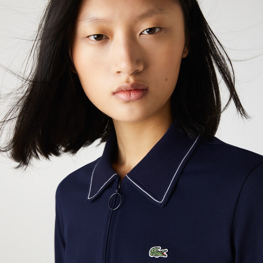 Camisa Polo Lacoste Zippered Slim Fit Cotton Piqué Mujer Azul Marino Azules Blancos | QV7-69426F4