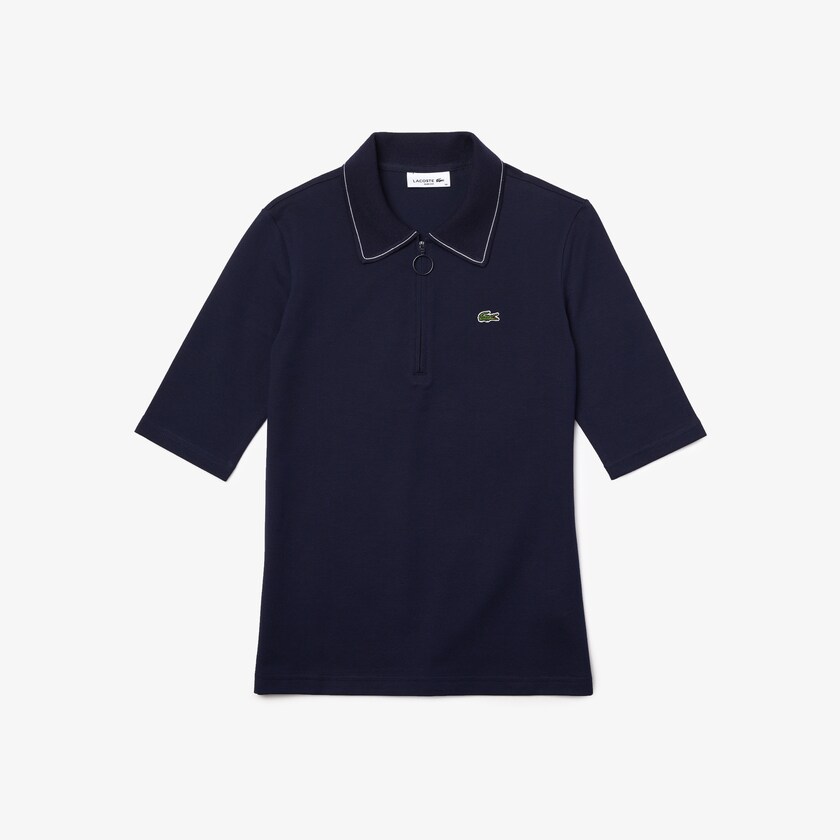 Camisa Polo Lacoste Zippered Slim Fit Cotton Piqué Mujer Azul Marino Azules Blancos | QV7-69426F4