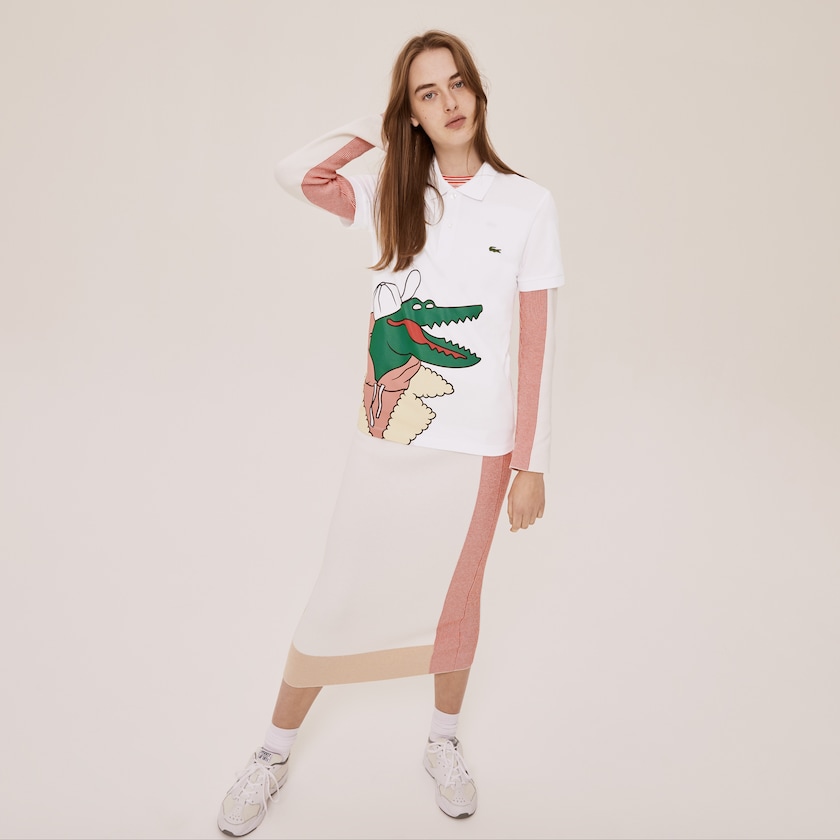 Camisa Polo Lacoste x Jean-Michel Tixier Print Classic Fit Mujer Blancos Amarillos | SN0-33113O1