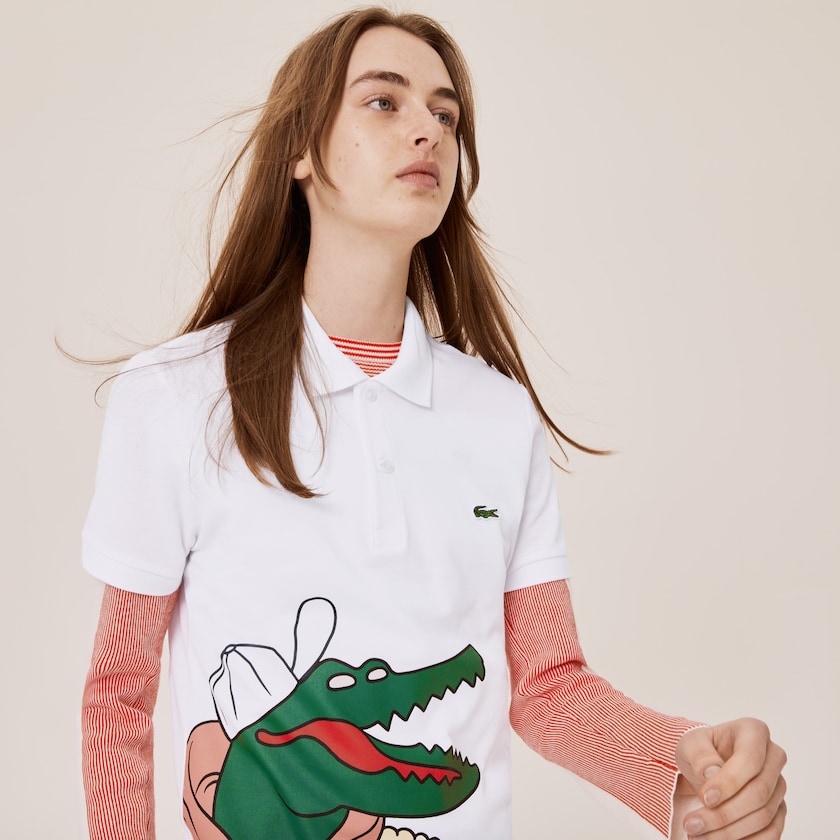 Camisa Polo Lacoste x Jean-Michel Tixier Print Classic Fit Mujer Blancos Amarillos | SN0-33113O1