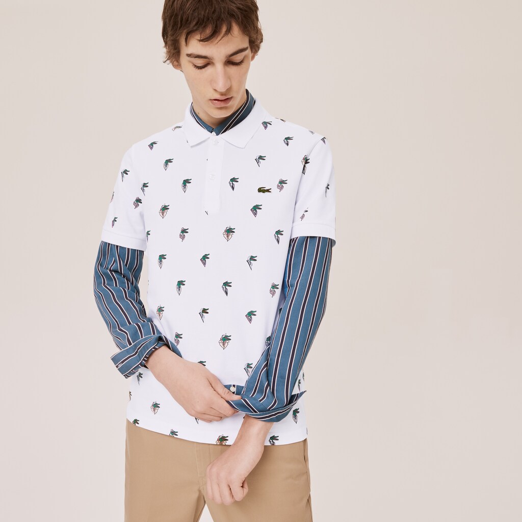 Camisa Polo Lacoste x Jean-Michel Tixier Print Regular Fit Hombre Blancos Amarillos | VR9-68306L1