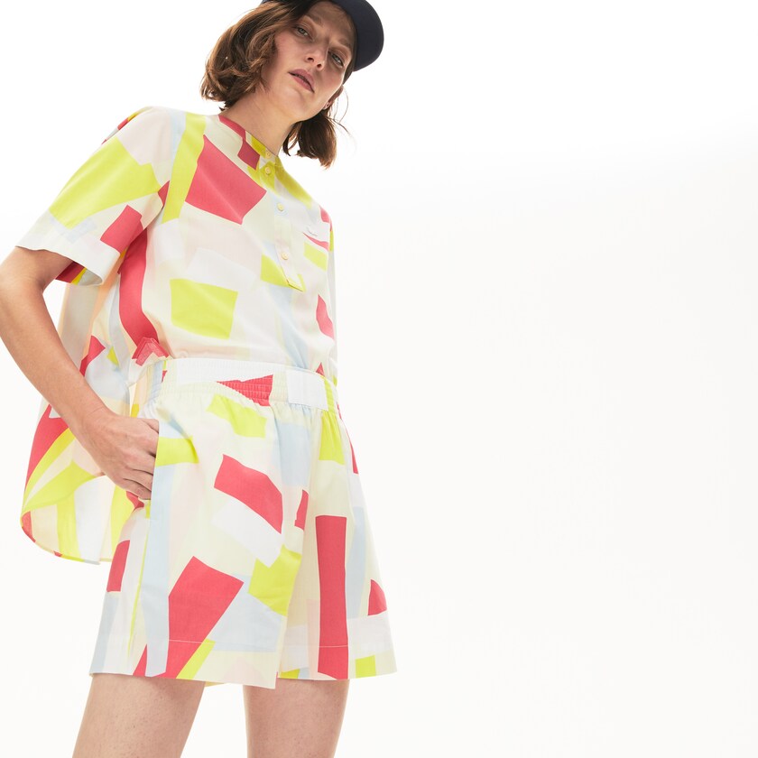 Camisas Lacoste Abstract-Print Cotton Blend Blouse Mujer Amarillos Blancos | ZJ2-82928Y4