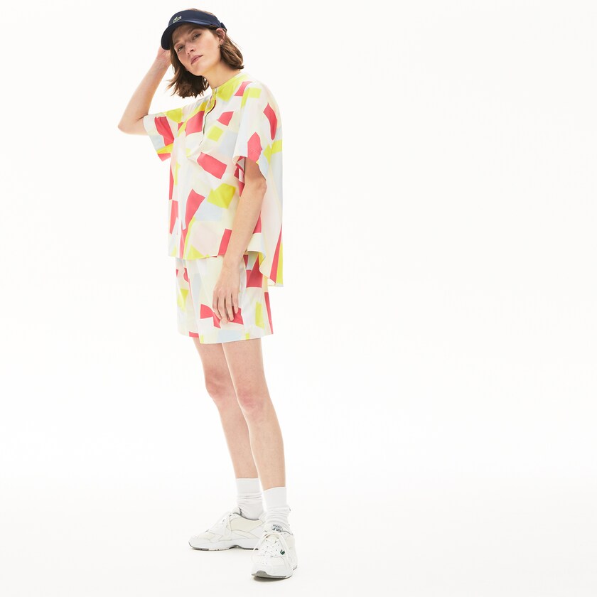 Camisas Lacoste Abstract-Print Cotton Blend Blouse Mujer Amarillos Blancos | ZJ2-82928Y4
