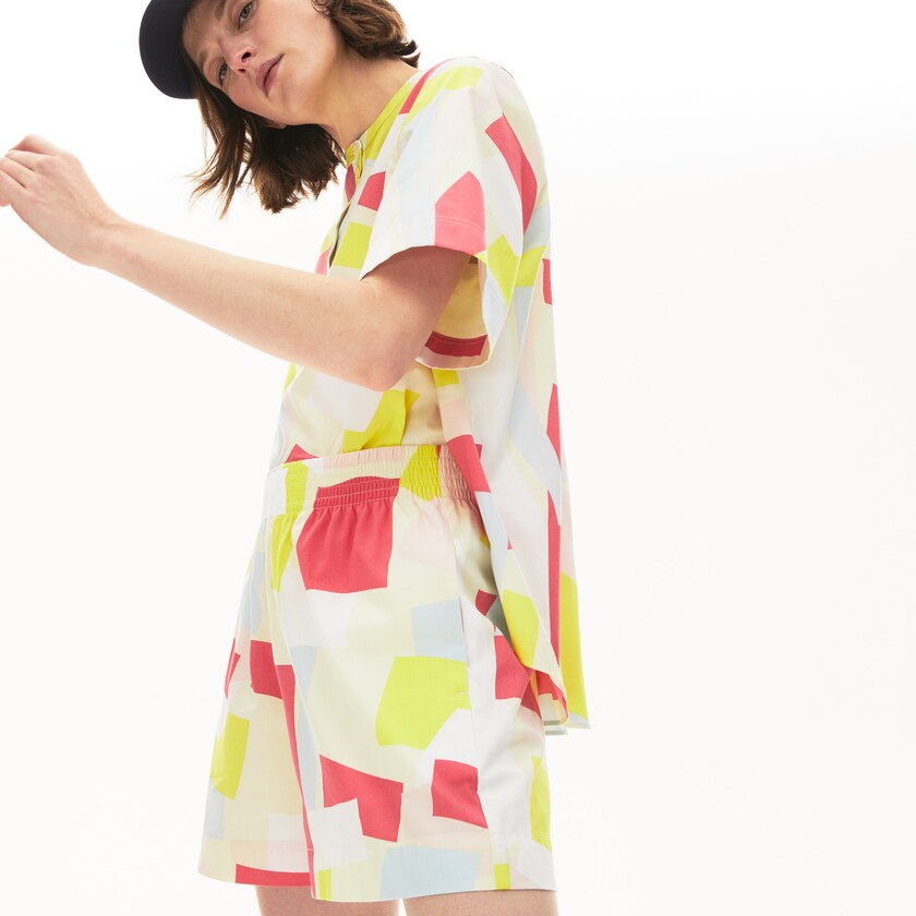 Camisas Lacoste Abstract-Print Cotton Blend Blouse Mujer Amarillos Blancos | ZJ2-82928Y4