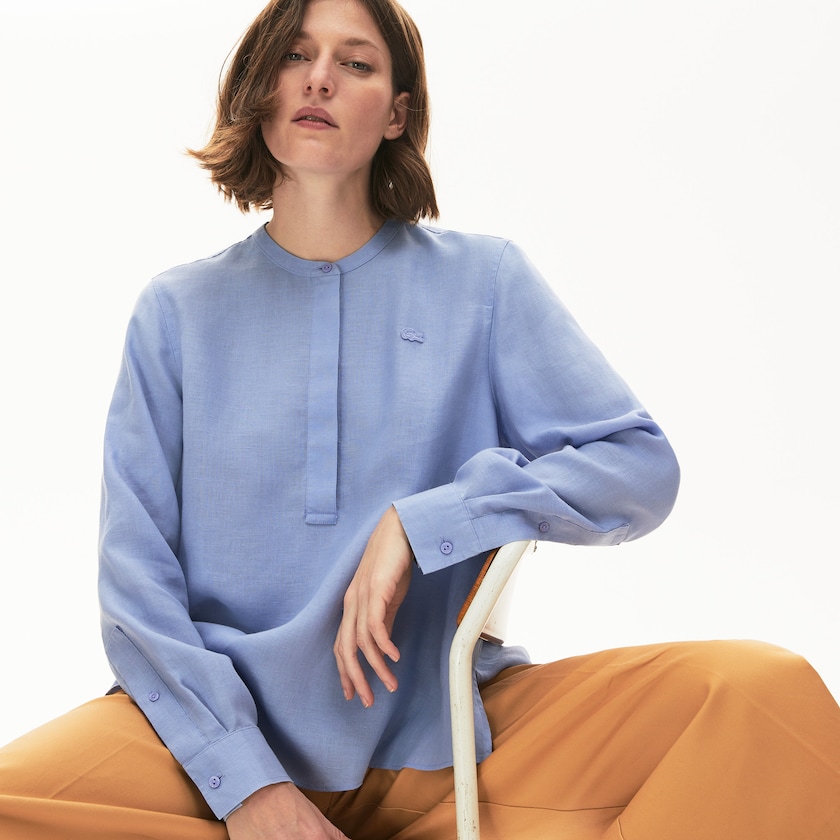 Camisas Lacoste Buttoned Mao Collar Linen Blouse Mujer Morados | AB3-41984M4