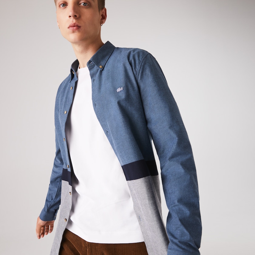 Camisas Lacoste Hombre Azul Marino Azules Azules Blancos Colorblock Regular Fit Cotton Flannel FN6-79817D1