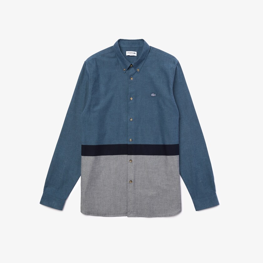 Camisas Lacoste Hombre Azul Marino Azules Azules Blancos Colorblock Regular Fit Cotton Flannel FN6-79817D1