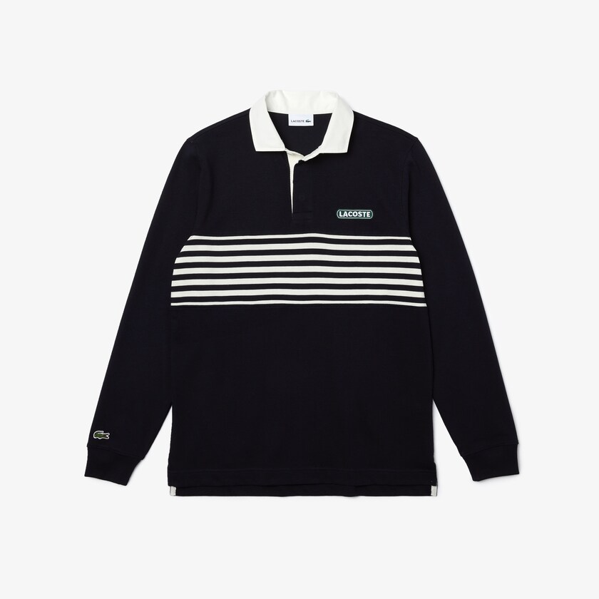 Camisas Lacoste Héritage Striped Thick Cotton Rugby Polo Hombre Azul Marino Azules Blancos Azul Marino Azules | NX1-66226Z3