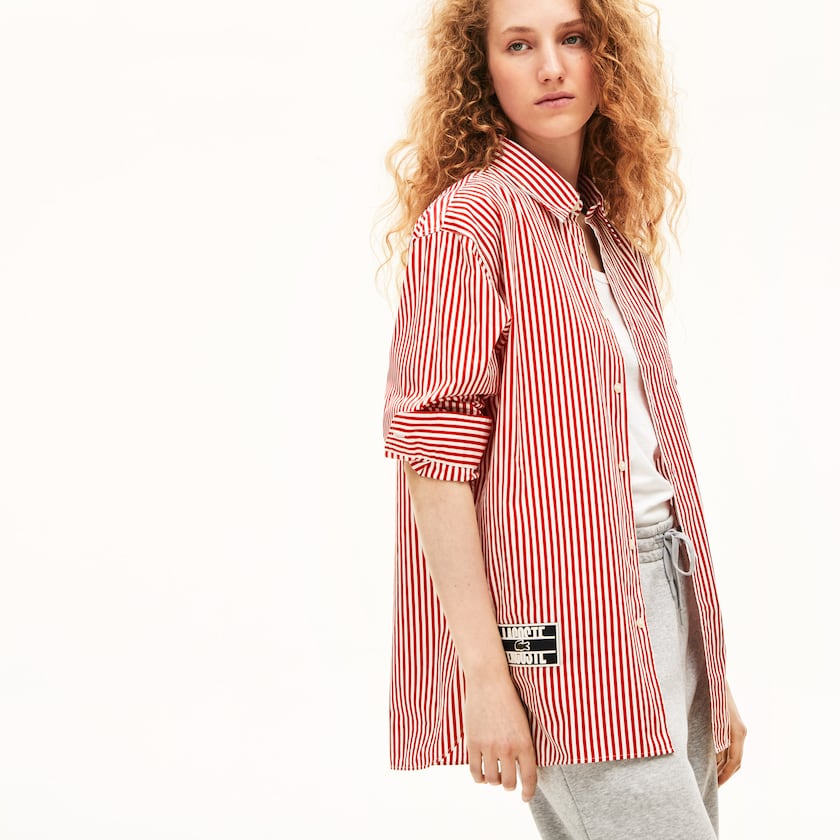 Camisas Lacoste LIVE Boxy-Fit Striped Cotton Mujer Blancos Rojos | EM9-27582D0