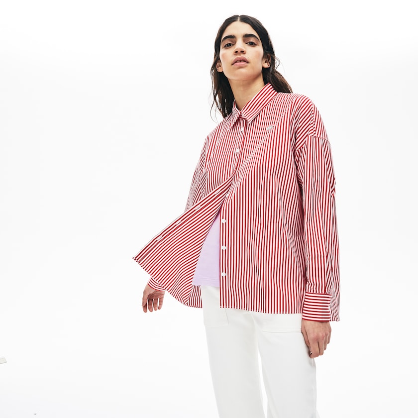 Camisas Lacoste LIVE Boxy-Fit Striped Cotton Mujer Blancos Rojos | PE0-05000L6