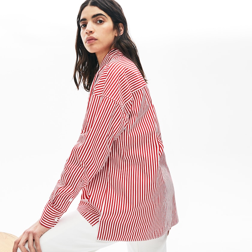 Camisas Lacoste LIVE Boxy-Fit Striped Cotton Mujer Blancos Rojos | PE0-05000L6