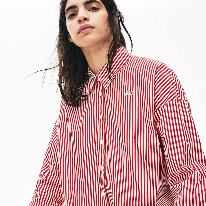Camisas Lacoste LIVE Boxy-Fit Striped Cotton Mujer Blancos Rojos | PE0-05000L6