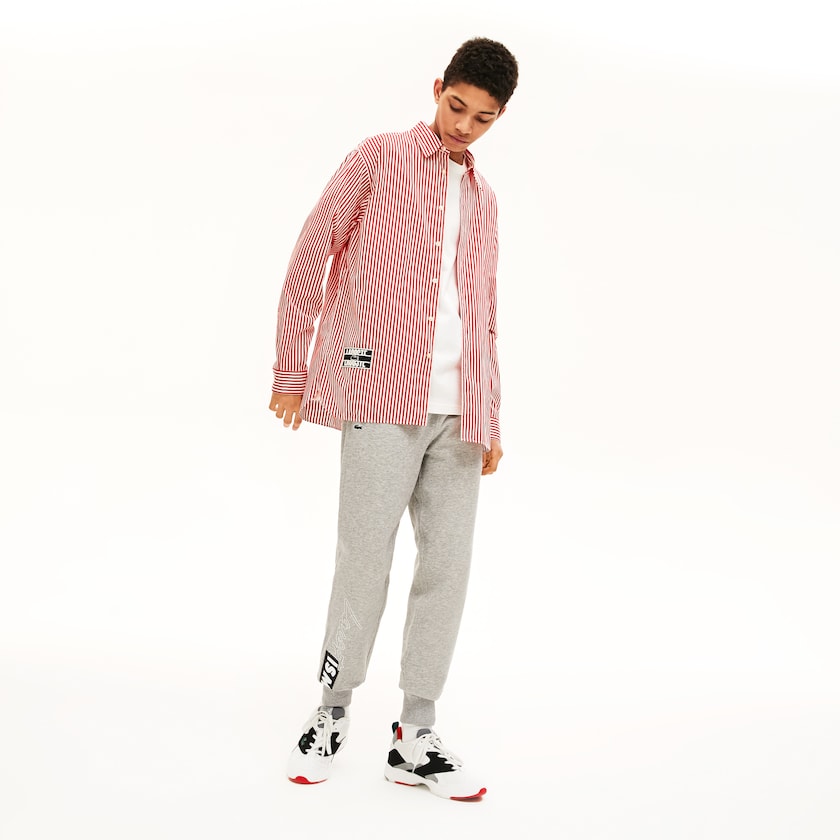 Camisas Lacoste Hombre Blancos Rojos LIVE Boxy-Fit Striped Cotton LJ6-39083S2