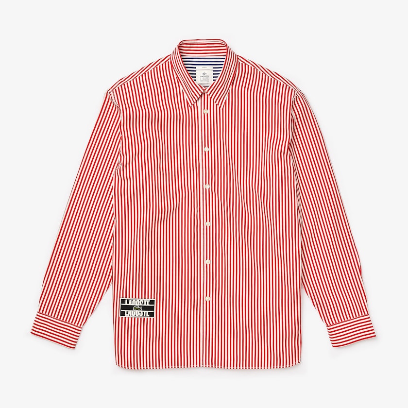 Camisas Lacoste Hombre Blancos Rojos LIVE Boxy-Fit Striped Cotton LJ6-39083S2
