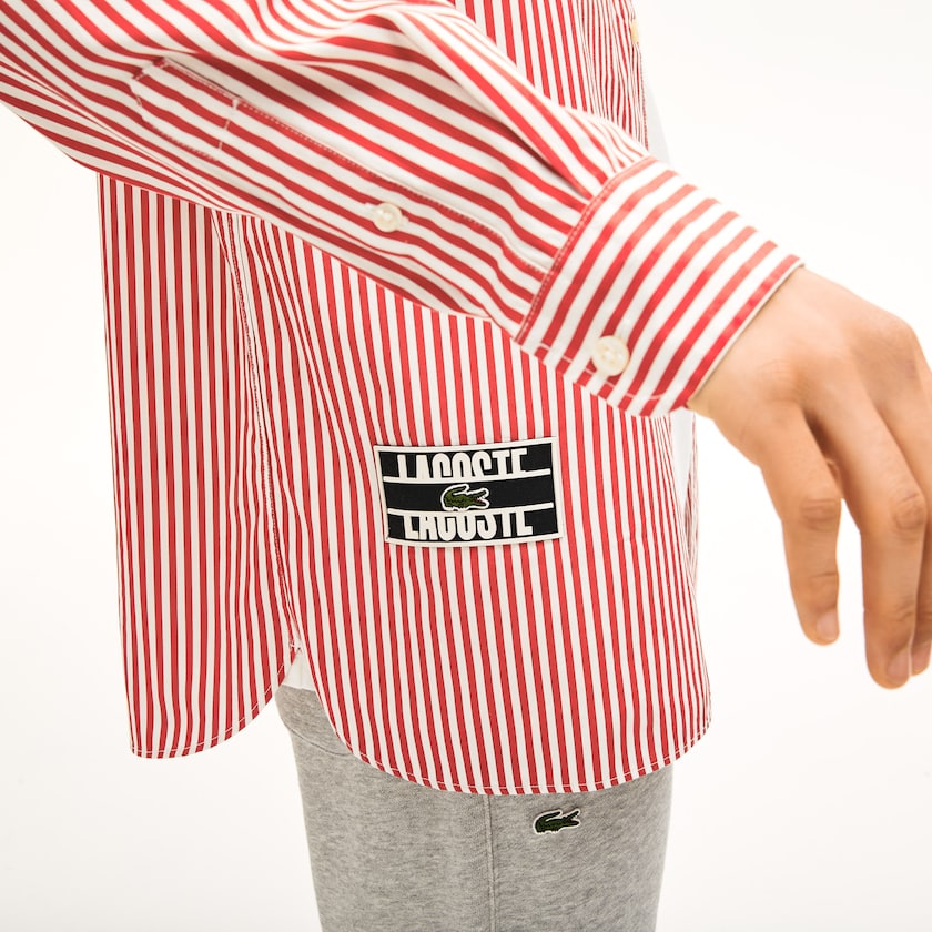 Camisas Lacoste Hombre Blancos Rojos LIVE Boxy-Fit Striped Cotton LJ6-39083S2