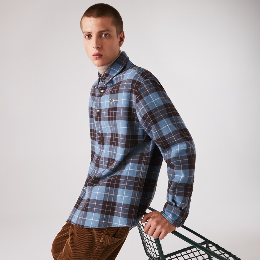 Camisas Lacoste Hombre Azules Marrom LIVE Checked Flannel Lined Oversized FP8-05750K3