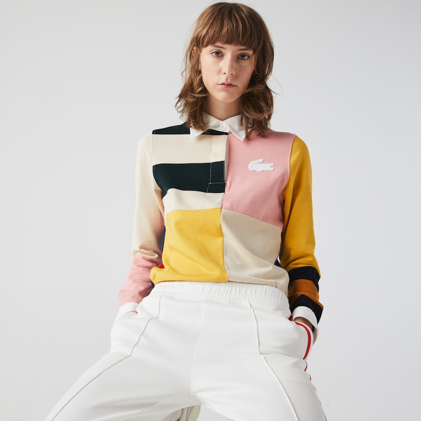 Camisas Lacoste LIVE Colorblock Rugby Polo Mujer Beige Blancos | TK8-03680B2