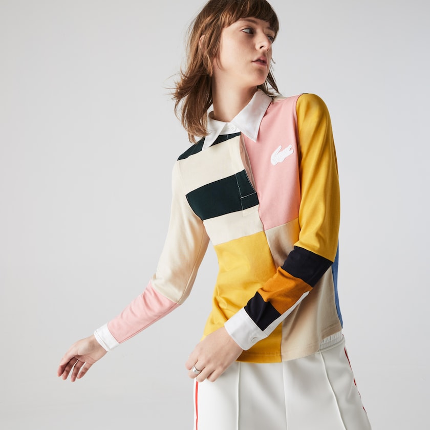 Camisas Lacoste LIVE Colorblock Rugby Polo Mujer Beige Blancos | TK8-03680B2