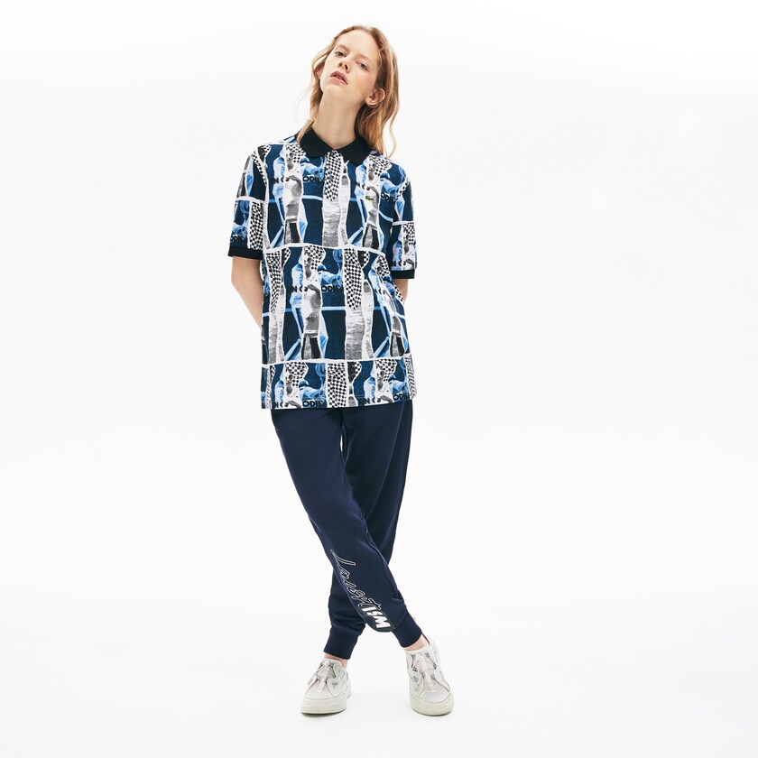 Camisas Lacoste LIVE Loose Fit Graphic Print Cotton Polo Hombre Blancos Azules Blancos | LY6-68756N2