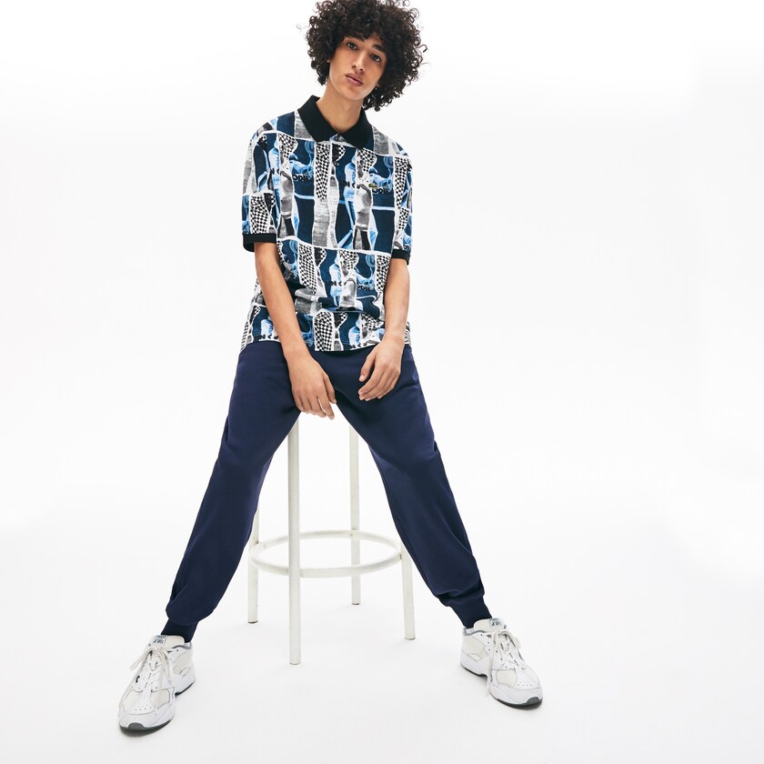 Camisas Lacoste LIVE Loose Fit Graphic Print Cotton Polo Hombre Blancos Azules Blancos | LY6-68756N2