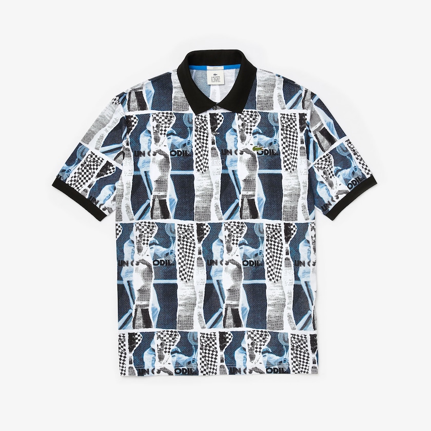 Camisas Lacoste LIVE Loose Fit Graphic Print Cotton Polo Hombre Blancos Azules Blancos | LY6-68756N2