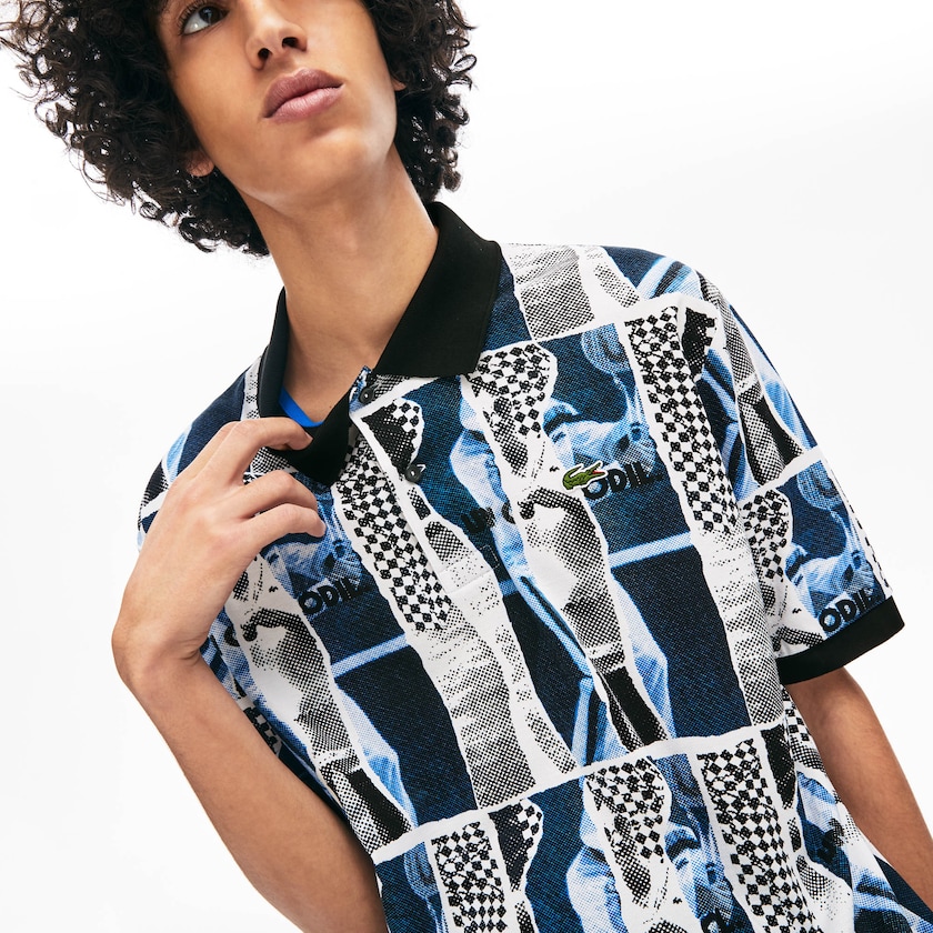 Camisas Lacoste LIVE Loose Fit Graphic Print Cotton Polo Hombre Blancos Azules Blancos | LY6-68756N2
