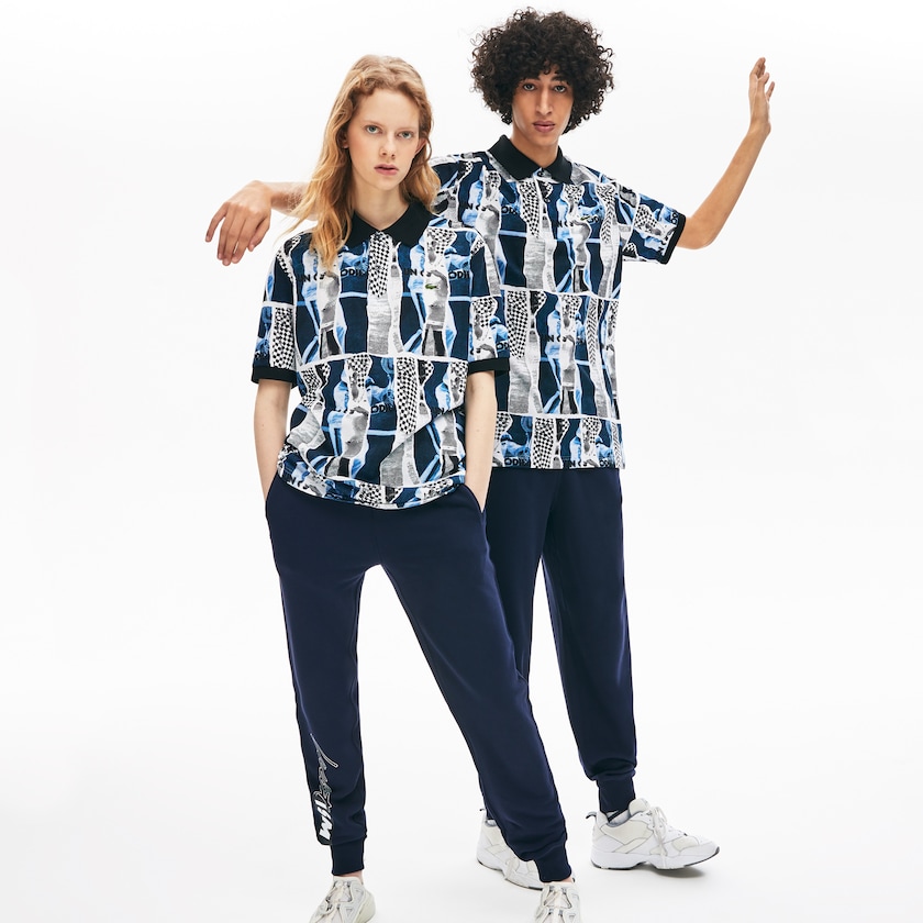Camisas Lacoste LIVE Loose Fit Graphic Print Cotton Polo Hombre Blancos Azules Blancos | LY6-68756N2