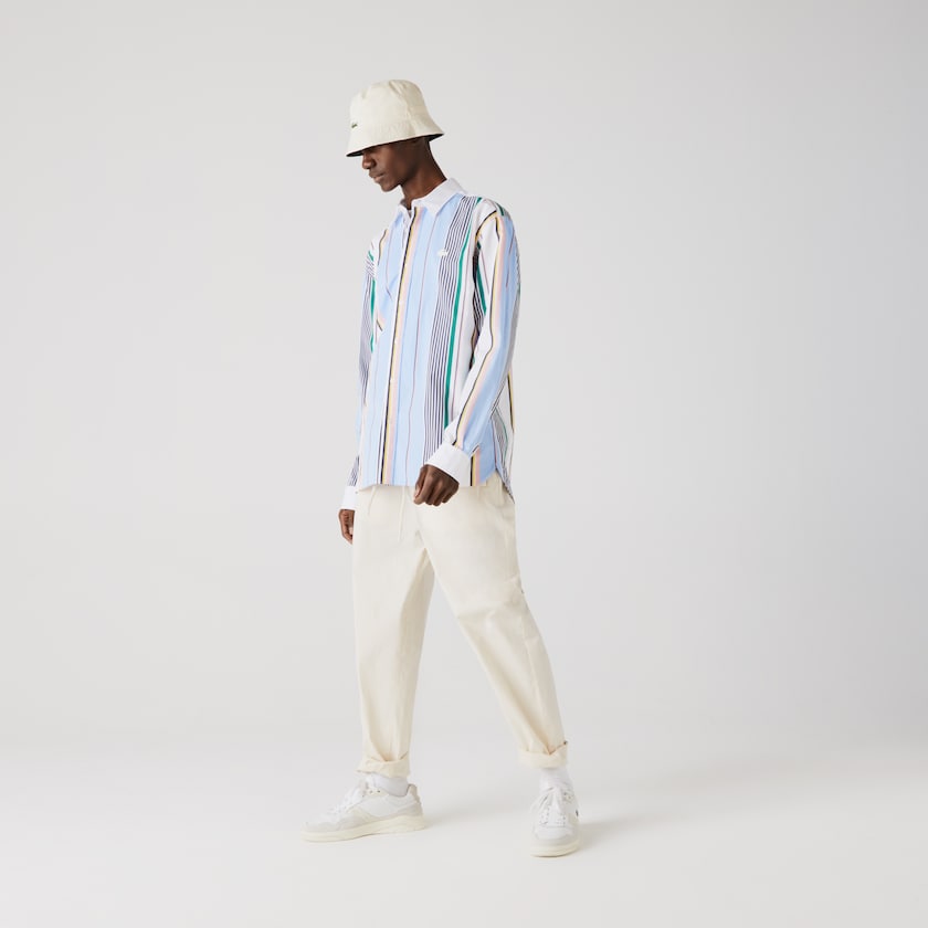 Camisas Lacoste LIVE Relaxed Fit Mismatched-Stripe Cotton Hombre Azules Blancos | TO0-89938C6