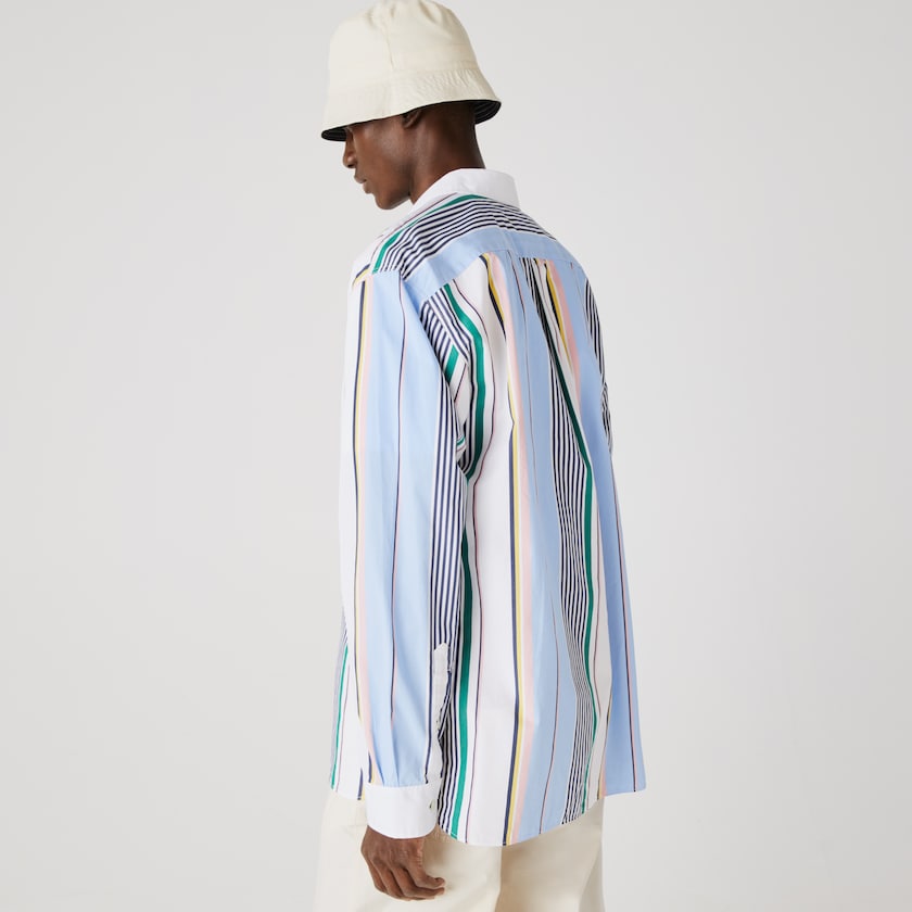 Camisas Lacoste LIVE Relaxed Fit Mismatched-Stripe Cotton Hombre Azules Blancos | TO0-89938C6