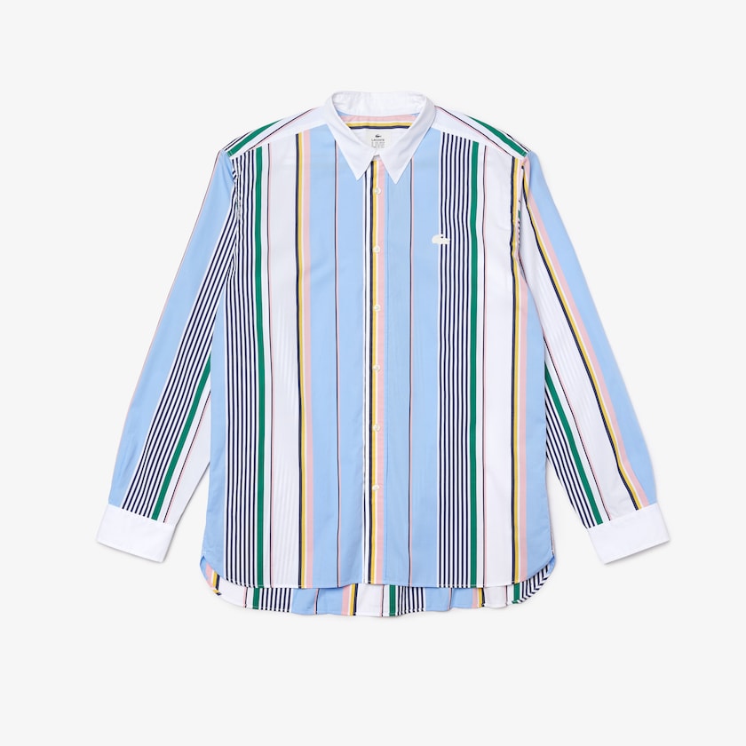 Camisas Lacoste LIVE Relaxed Fit Mismatched-Stripe Cotton Hombre Azules Blancos | TO0-89938C6