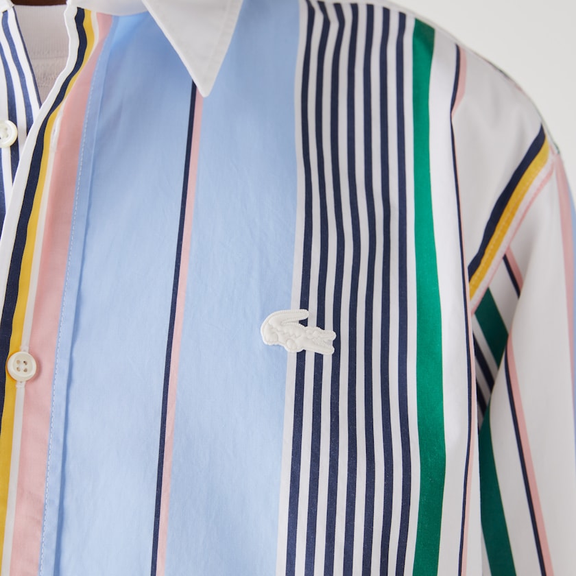 Camisas Lacoste LIVE Relaxed Fit Mismatched-Stripe Cotton Hombre Azules Blancos | TO0-89938C6
