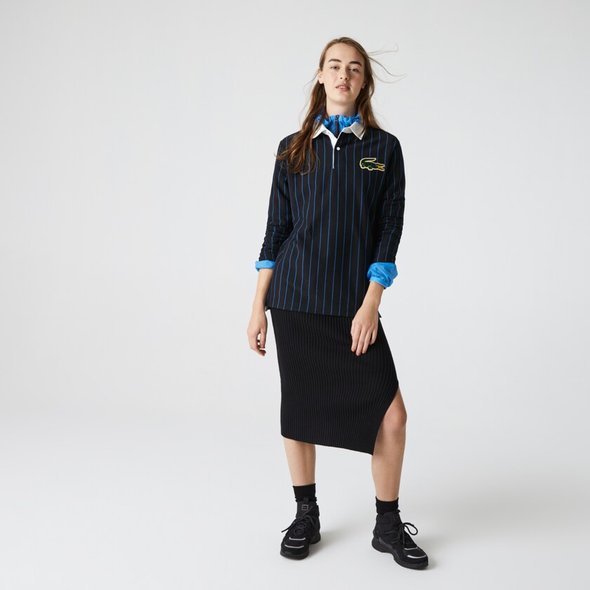 Camisas Lacoste LIVE Striped Cotton Polo Hombre Negros Azules | JS2-10651N6