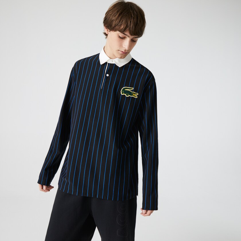Camisas Lacoste LIVE Striped Cotton Polo Hombre Negros Azules | JS2-10651N6