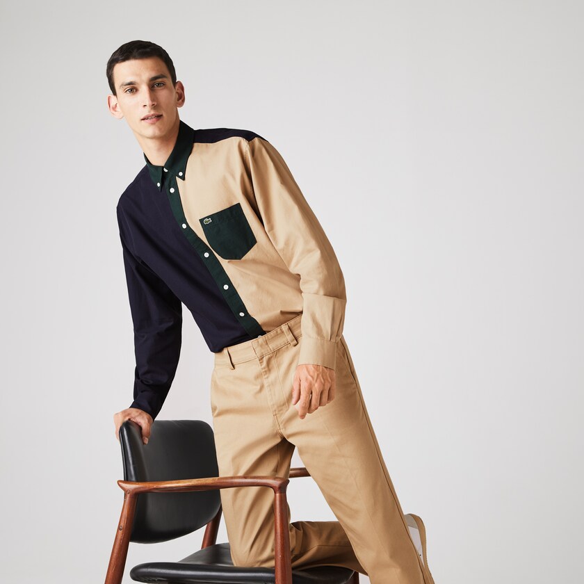 Camisas Lacoste Hombre Azul Marino Azules Verdes Beige Lightweight Regular Fit Colorblock Cotton Canvas XX4-86008Y9
