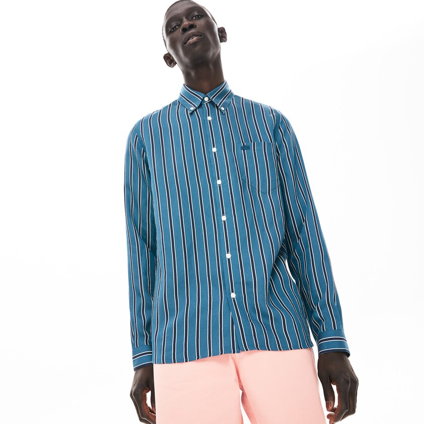 Camisas Lacoste Hombre Azul Marino Azules Blancos Lightweight Striped VF2-44894L0