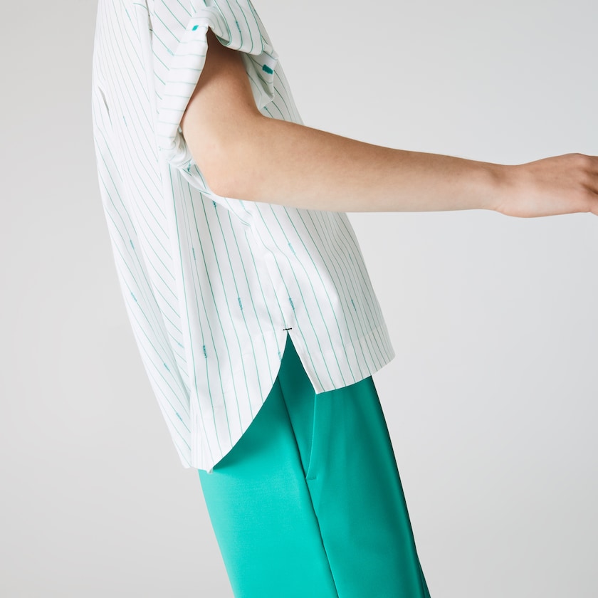 Camisas Lacoste Oversized Mao Collar Striped Cotton Poplin Blouse Mujer Blancos Verdes | NX9-50885M6