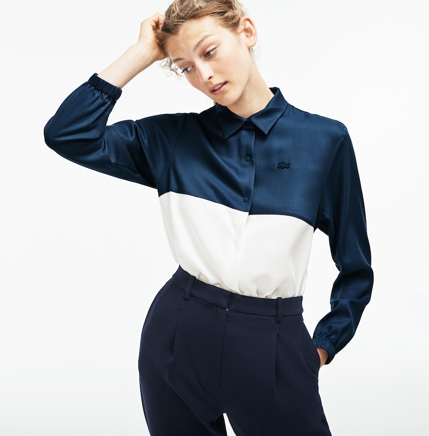 Camisas Lacoste Regular Fit Bicolor Flowing Piqué Mujer Azules Blancos | OK8-66236K5