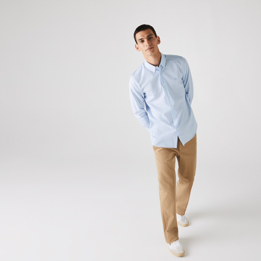 Camisas Lacoste Hombre Blancos Azules Regular Fit Checkered Premium Cotton Poplin SV3-18061X3