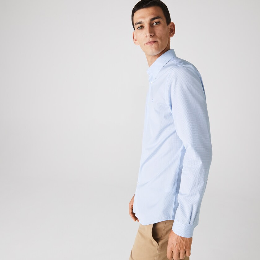 Camisas Lacoste Hombre Blancos Azules Regular Fit Checkered Premium Cotton Poplin SV3-18061X3