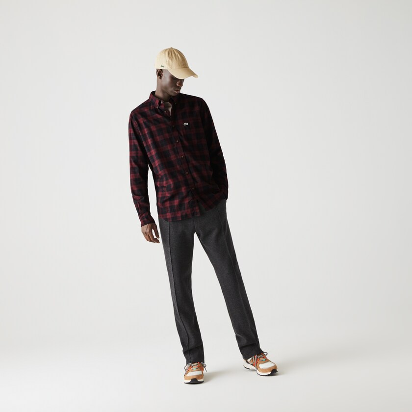Camisas Lacoste Hombre Negros Vino Regular Fit Cotton Twill Checkered AW4-17591V8