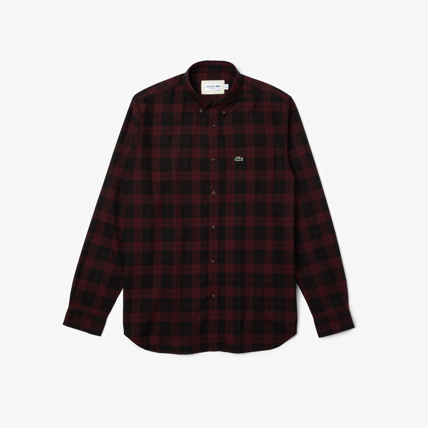 Camisas Lacoste Hombre Negros Vino Regular Fit Cotton Twill Checkered AW4-17591V8