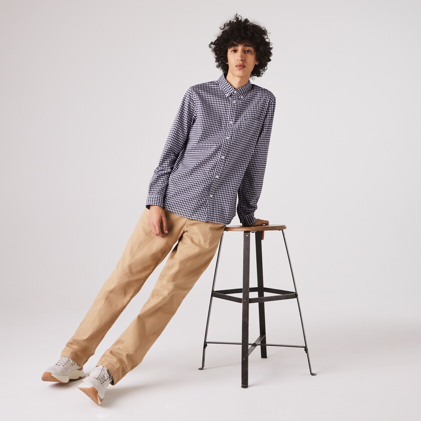 Camisas Lacoste Hombre Blancos Azul Marino Azules Regular Fit Gingham Cotton Poplin RL1-13761X4