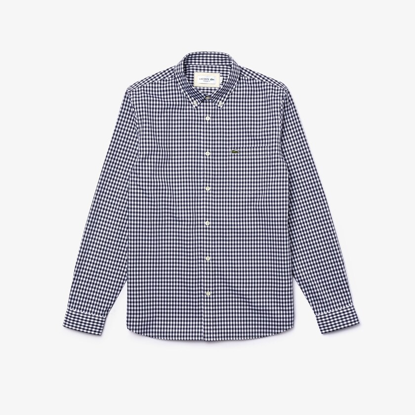 Camisas Lacoste Hombre Blancos Azul Marino Azules Regular Fit Gingham Cotton Poplin RL1-13761X4