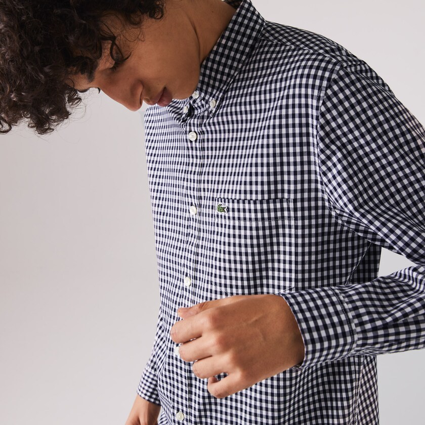 Camisas Lacoste Hombre Blancos Azul Marino Azules Regular Fit Gingham Cotton Poplin RL1-13761X4
