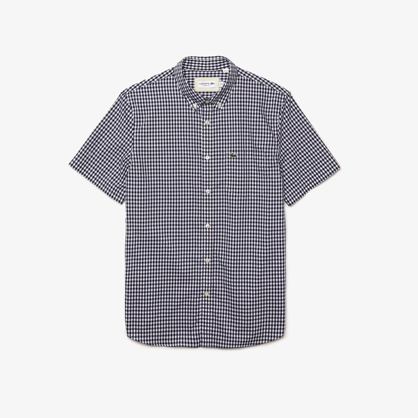 Camisas Lacoste Hombre Blancos Azul Marino Azules Regular Fit Gingham Poplin VA7-48464G6