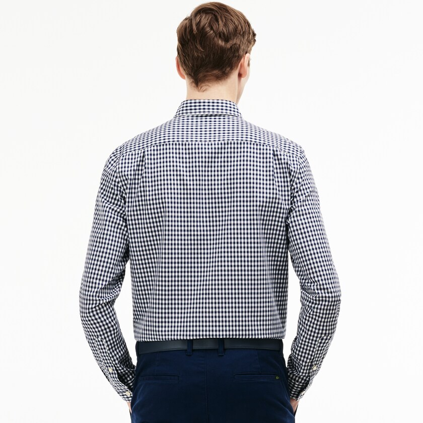 Camisas Lacoste Hombre Azul Marino Azules Blancos Regular Fit Mini Check Poplin PQ3-53955N0