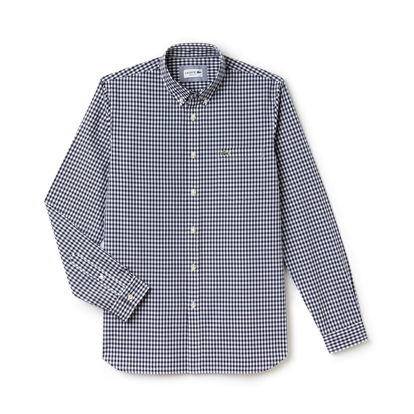 Camisas Lacoste Hombre Azul Marino Azules Blancos Regular Fit Mini Check Poplin PQ3-53955N0