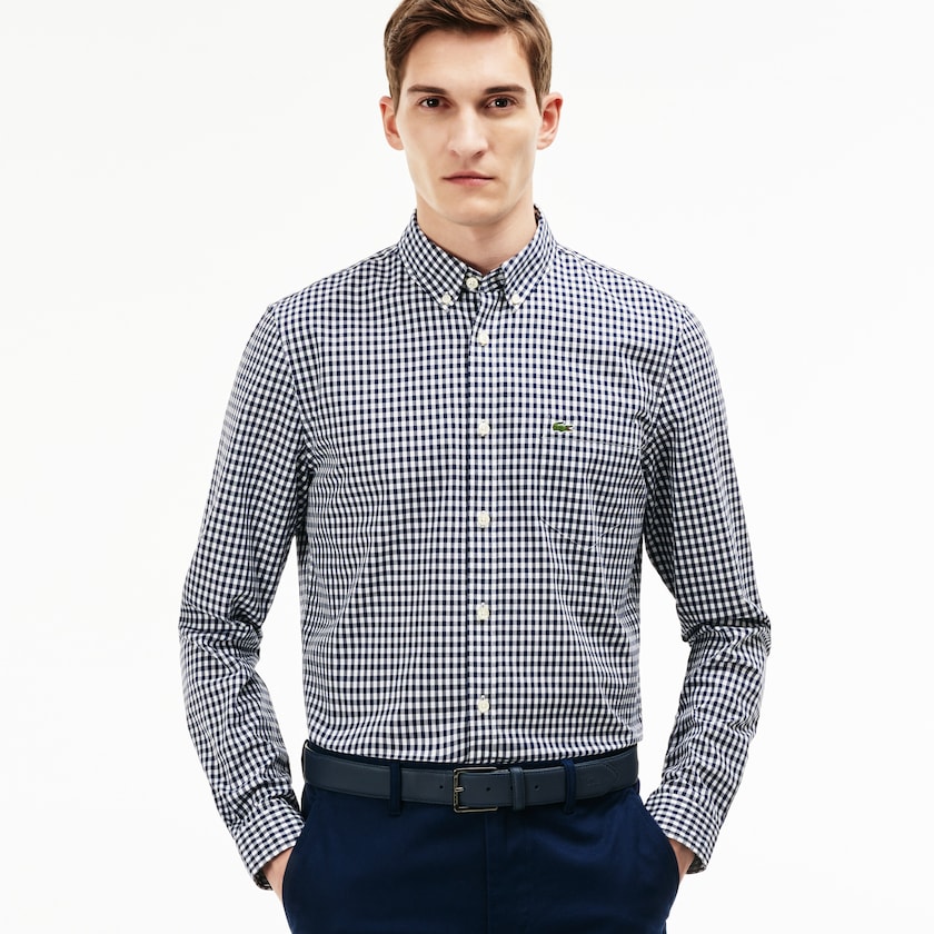 Camisas Lacoste Hombre Azul Marino Azules Blancos Regular Fit Mini Check Poplin PQ3-53955N0