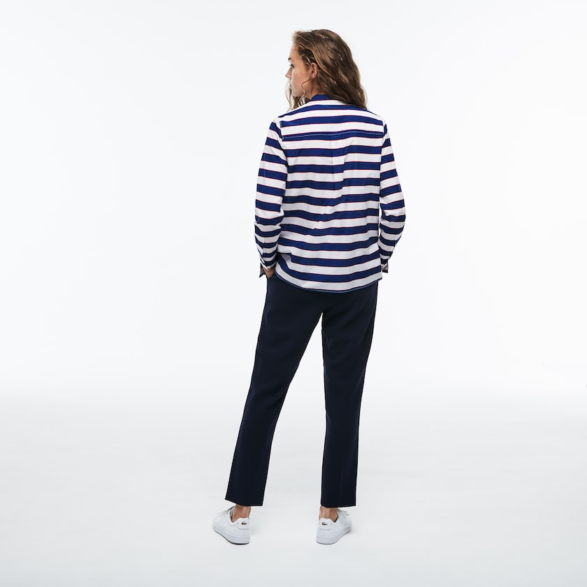 Camisas Lacoste Regular Fit Striped Cotton & Silk Voile Mujer Blancos Azul Marino Azules Rojos | CI2-87278P7
