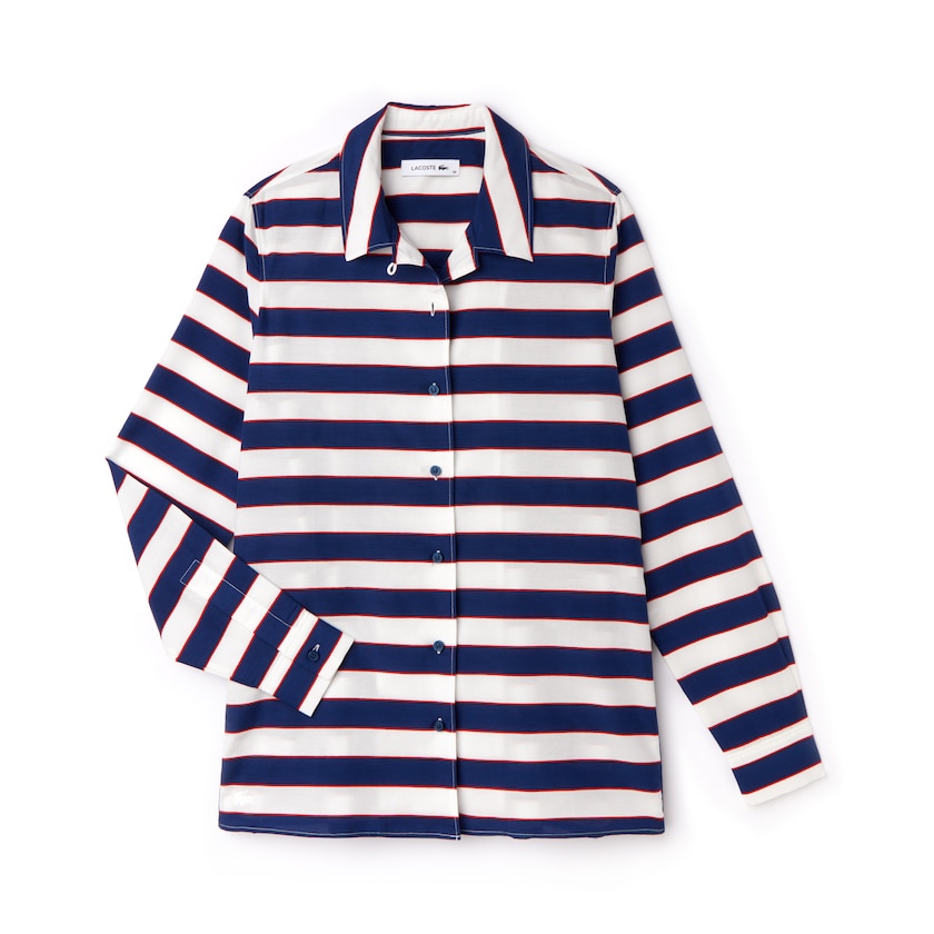 Camisas Lacoste Regular Fit Striped Cotton & Silk Voile Mujer Blancos Azul Marino Azules Rojos | CI2-87278P7